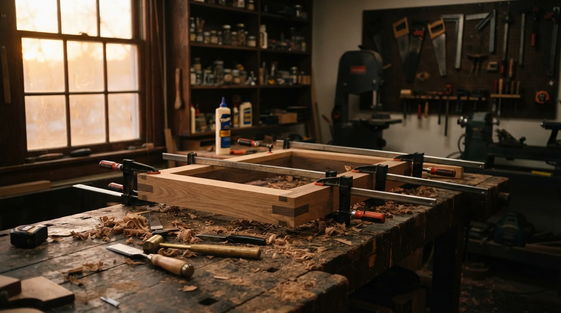 Cabinet workshop — face frames in clamps at golden hour